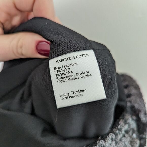 NWT Marchesa Notte grey black gunmetal sequin one shoulder wrap tea length dress - Picture 4 of 6